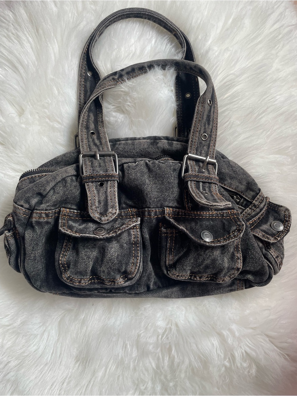 Urban Outfitters Black Washed Denim Shoulder Bag with Front Pockets